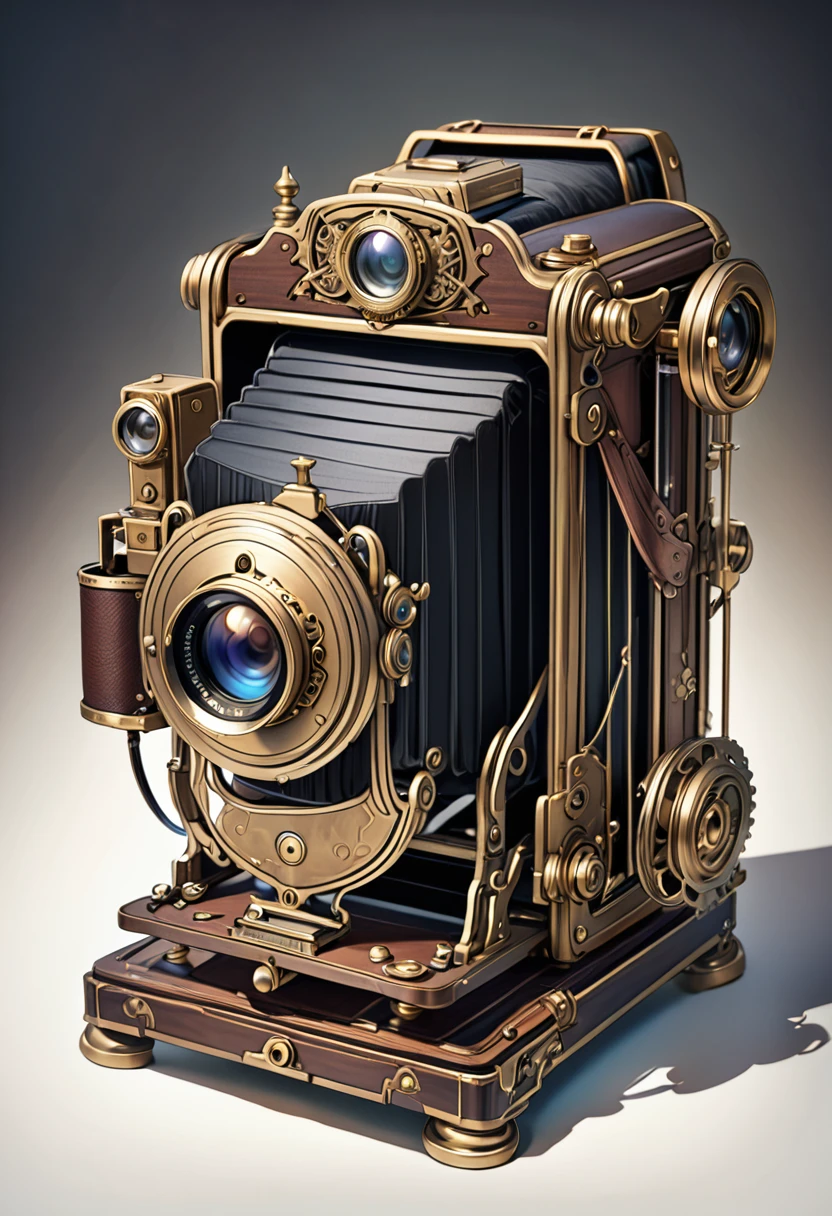A magical artifact with a bright stone in the form of a 19th century camera. steampunk style 