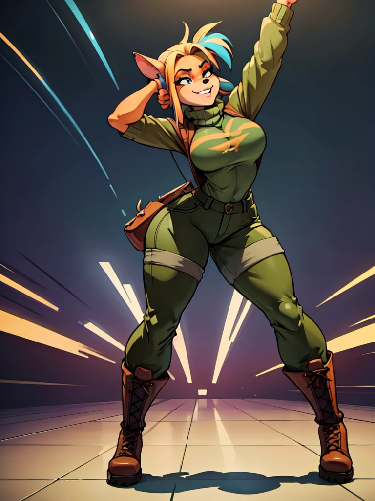 ,sancy anthro bandicoot girl Beautiful eyes, long eyelashes,, grin, cozy and warm, sweaters, camouflage trousers, army boots, night, dancing hip-hop, Twerking, cool sexy moment,dramatic shadows, vibrant colors, gritty military aesthetic,