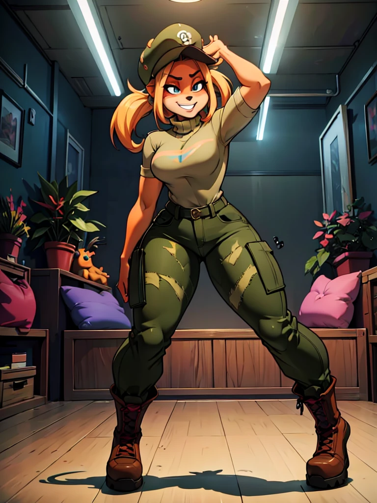 ,sancy anthro bandicoot girl Beautiful eyes, long eyelashes,, grin, cozy and warm, sweaters, camouflage trousers, army boots, night, dancing hip-hop, Twerking, cool sexy moment,dramatic shadows, vibrant colors, gritty military aesthetic,