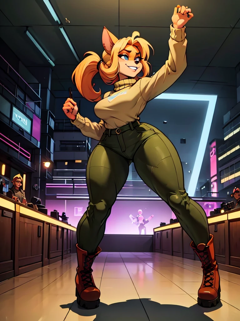 ,sancy anthro bandicoot girl Beautiful  eyes, long eyelashes,, grin, cozy and warm, sweaters, camouflage trousers, army boots, night, dancing  hip-hop, Twerking,  cool sexy moment,dramatic shadows, vibrant colors, gritty military aesthetic,