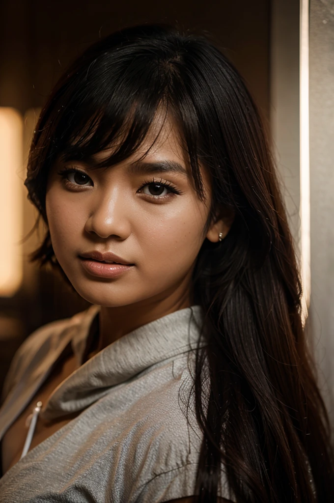 Beautiful young woman , big brown eye, small nose, round lips, in hotel romm, at night
