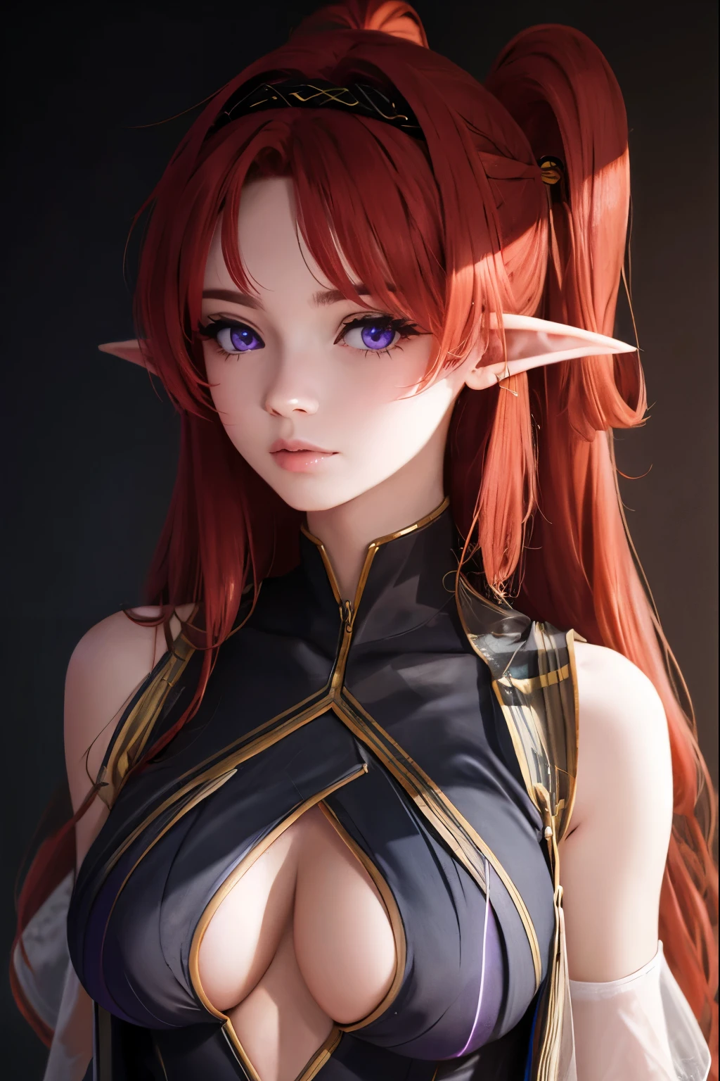 Woman, Red Hair, Long Hair, ((Crystal Purple Eyes)), Elf Ears, Large Breasts, Yinlin from Wuthering Waves, ((Black Dress)), ((Hair Band)), Standing, Portrait, Half Body