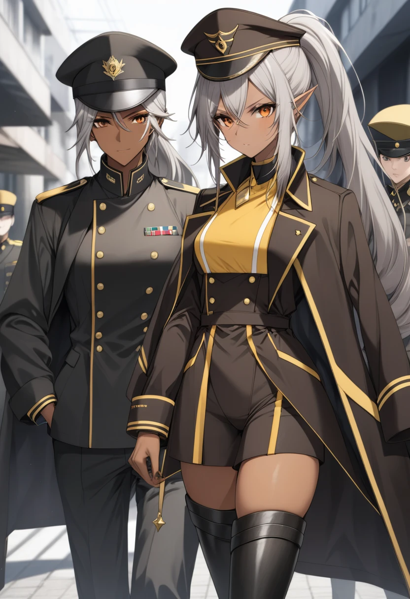 orange eyes,,((brown skin,dark elf,))grey hair,1lady,high ponytail, gold and black coat,jewelry,gold and black uniform,military hat,thigh boots,
