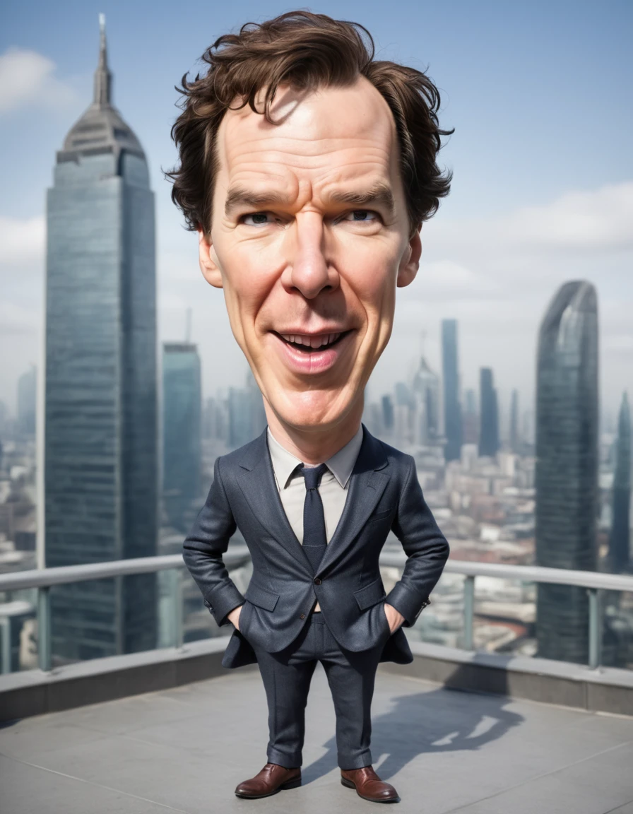 caricature full body portrait of happy  Benedict Cumberbatch at Skyscraper rooftop 