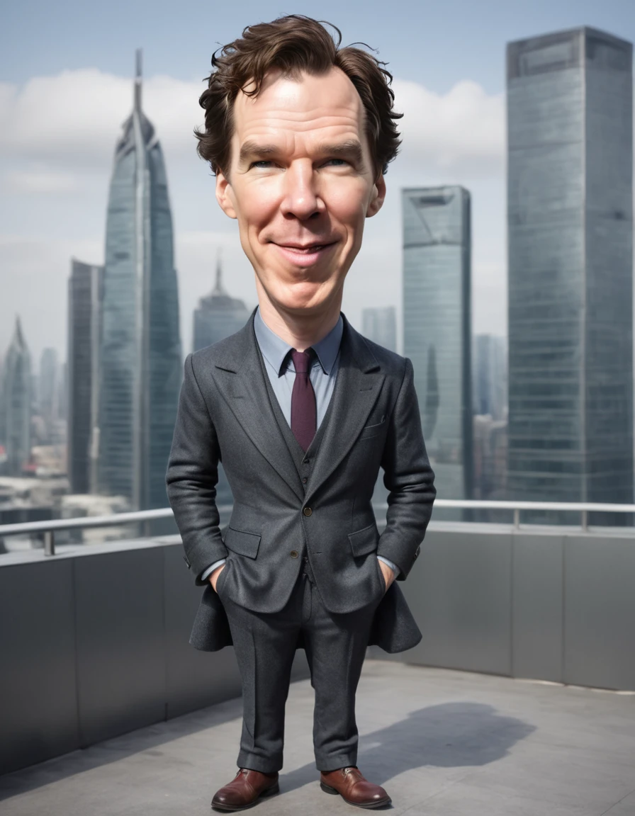 caricature full body portrait of happy  Benedict Cumberbatch at Skyscraper rooftop 