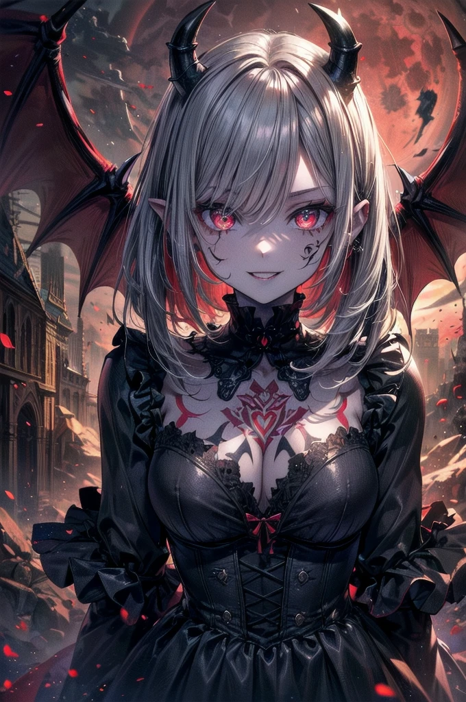 (masterpiece: 1.2, Highest quality),Long black hair, (Best lighting, Very delicate and beautiful), (Best lighting, Very delicate and beautiful), (Beautifully detailed face), (Detailed eyes and detailed face: 1.2), Dark fantasy, (Young girl, Little Beast, One girl, alone, Crazy Smile, Pale skin, ((Large tattoos all over the body)), Gray Hair, Red glowing eyes, Dynamic Angle, vampire), ( Get a vampire castle in the background), (Red Moon, Red Sky), pointed_ear, tooth, Devil's Wings, Devil horns, There was blood on my face., Rain of blood, blood mist, (Depth of written boundary), High Contrast, (Blood splatter: 1.4), Cowboy Shot, whole body,