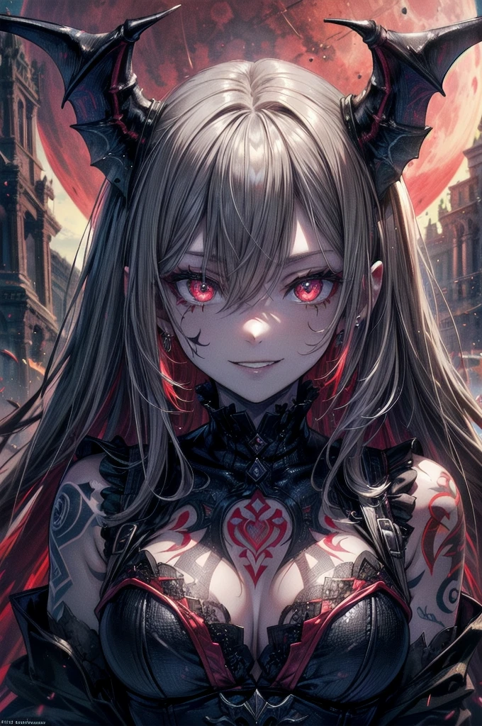 (masterpiece: 1.2, Highest quality),Long black hair, (Best lighting, Very delicate and beautiful), (Best lighting, Very delicate and beautiful), (Beautifully detailed face), (Detailed eyes and detailed face: 1.2), Dark fantasy, (Young girl, Little Beast, One girl, alone, Crazy Smile, Pale skin, ((Large tattoos all over the body)), Gray Hair, Red glowing eyes, Dynamic Angle, vampire), ( Get a vampire castle in the background), (Red Moon, Red Sky), pointed_ear, tooth, Devil's Wings, Devil horns, There was blood on my face., Rain of blood, blood mist, (Depth of written boundary), High Contrast, (Blood splatter: 1.4), Cowboy Shot, whole body,