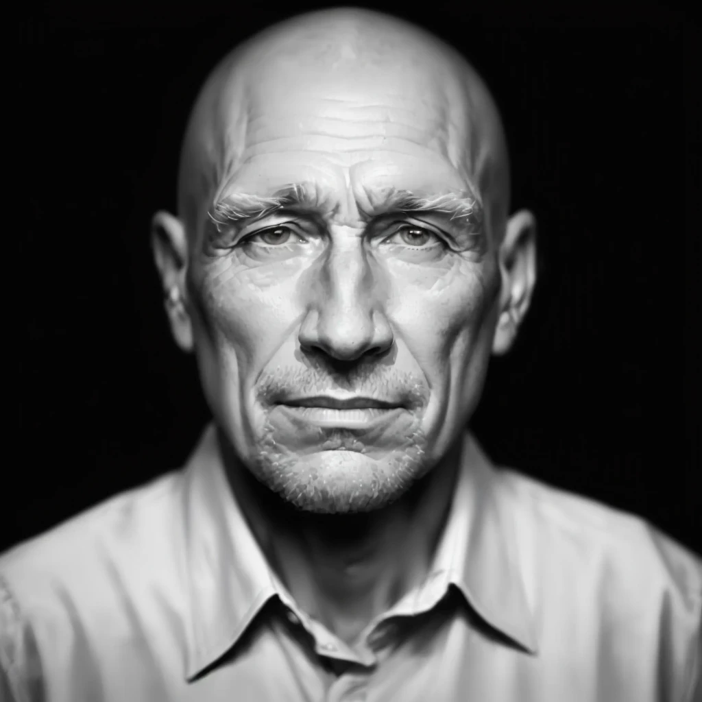 sharp black and white portrait of a bald man, Sebastian Salgado, high-quality portrait, Photography by Albert Watson, jean luc picard, Portrait photo, close up Portrait photo, Portrait photo of an old man, Direction: Karl Ballmer, janusz jurek, close up portrait, richard rider, by Jerry Eisenberg, inspired by Jerry Eisenberg