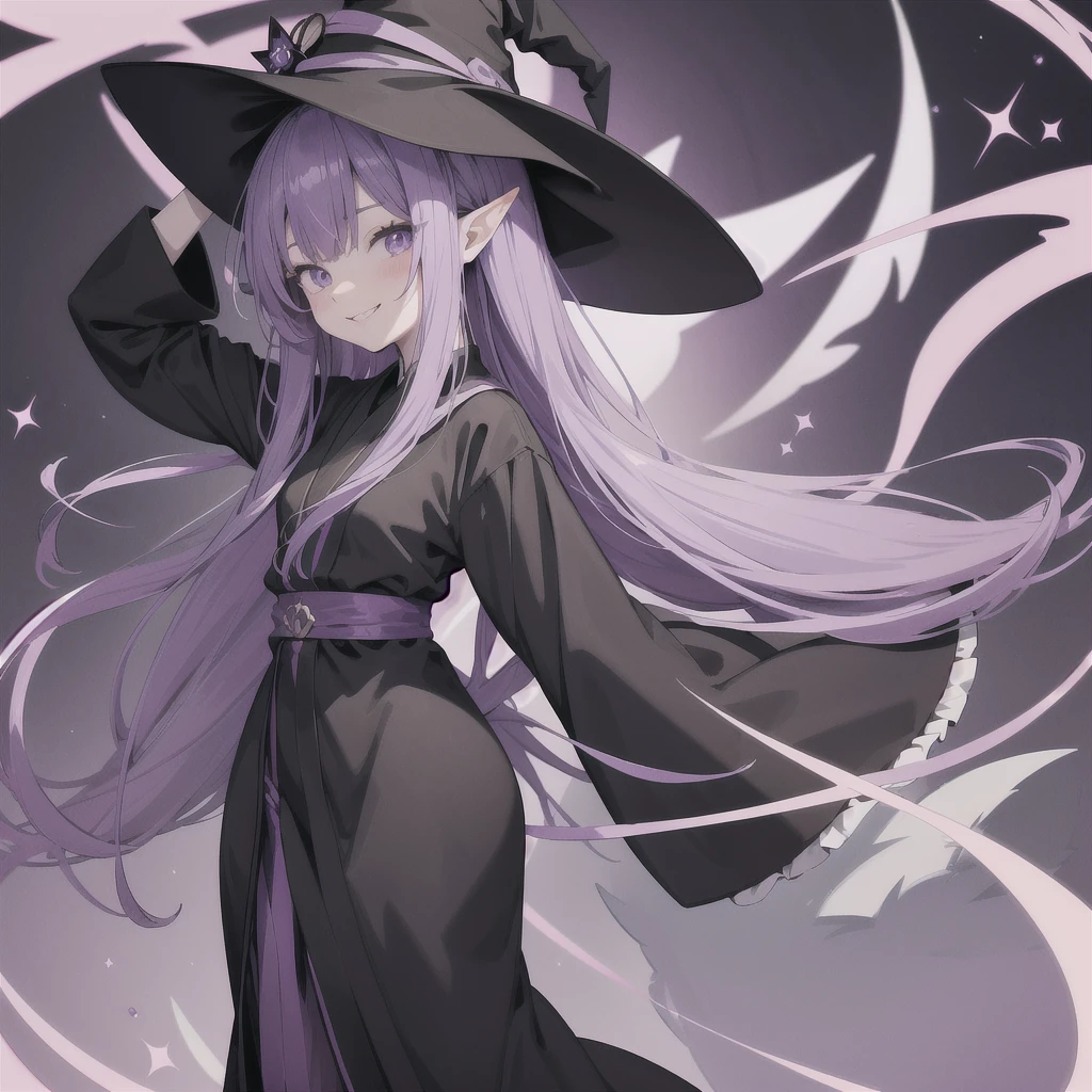Anime girl. Long purple hair and wearing a black robe. Pointy ears. Witch hat. Cute cartoon. Illustration, alone. Looking back. Full body. About high school age. Smiling.