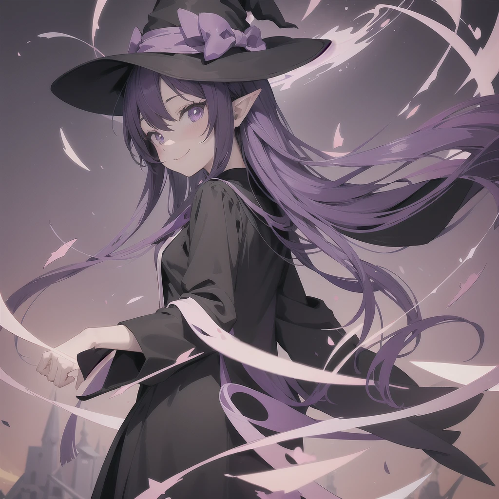 Anime girl. Long purple hair and wearing a black robe. Pointy ears. Witch hat. Cute cartoon. Illustration, alone. Looking back. Full body. About high school age. Smiling.