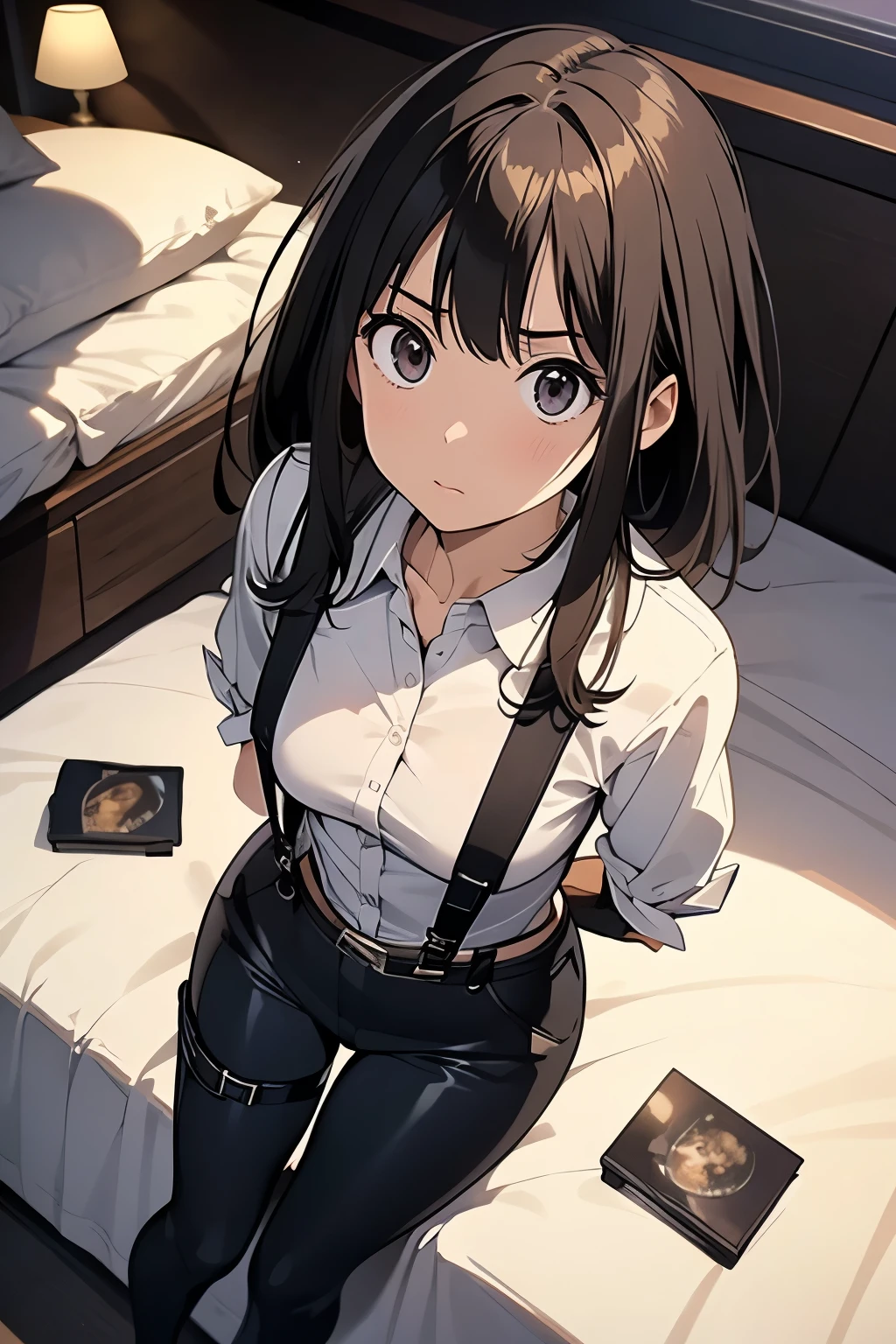 1 female, , high quality, masterpiece, Ultra-high resolution, , Cinema Lighting, , , And the suspenders with the cranes flying　　　Moderate breasts　 　 　　　　Small face　 　　　holster　　　　　　　 Lying in bed　Looking up　　　　Sweat 　　　belt　summer　脇Sweat 　Black Hole Gloves　suit　shirt　　Black jacket　 Black trousers　Leg Links　ズボンにbelt　　holster　 　　Hands behind your back　 Anxious expression　Looking up　Anxious face, legs apart
