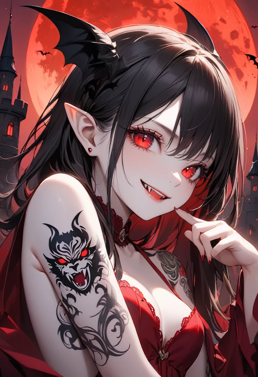 Tierhörner, fang, pointy ears, tongue out, open mouth, very long hair, red eye, black hair, best quality, succubus, girl, cheeky grin 
