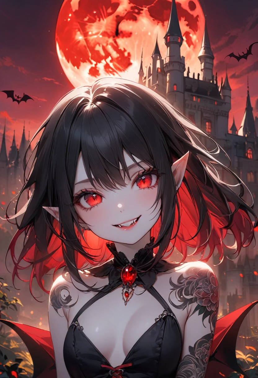(masterpiece: 1.2, Highest quality),Long black hair, (Best lighting, Very delicate and beautiful), (Best lighting, Very delicate and beautiful), (Beautifully detailed face), (Detailed eyes and detailed face: 1.2), Dark fantasy, (Young girl, Little Beast, One girl, alone, Crazy Smile, Pale skin, ((Large tattoos all over the body)), Gray Hair, Red glowing eyes, Dynamic Angle, vampire), ( Get a vampire castle in the background), (Red Moon, Red Sky), pointed_ear, tooth, Devil's Wings, Devil horns, There was blood on my face., Rain of blood, blood mist, (Depth of written boundary), High Contrast, (Blood splatter: 1.4), Cowboy Shot, whole body,