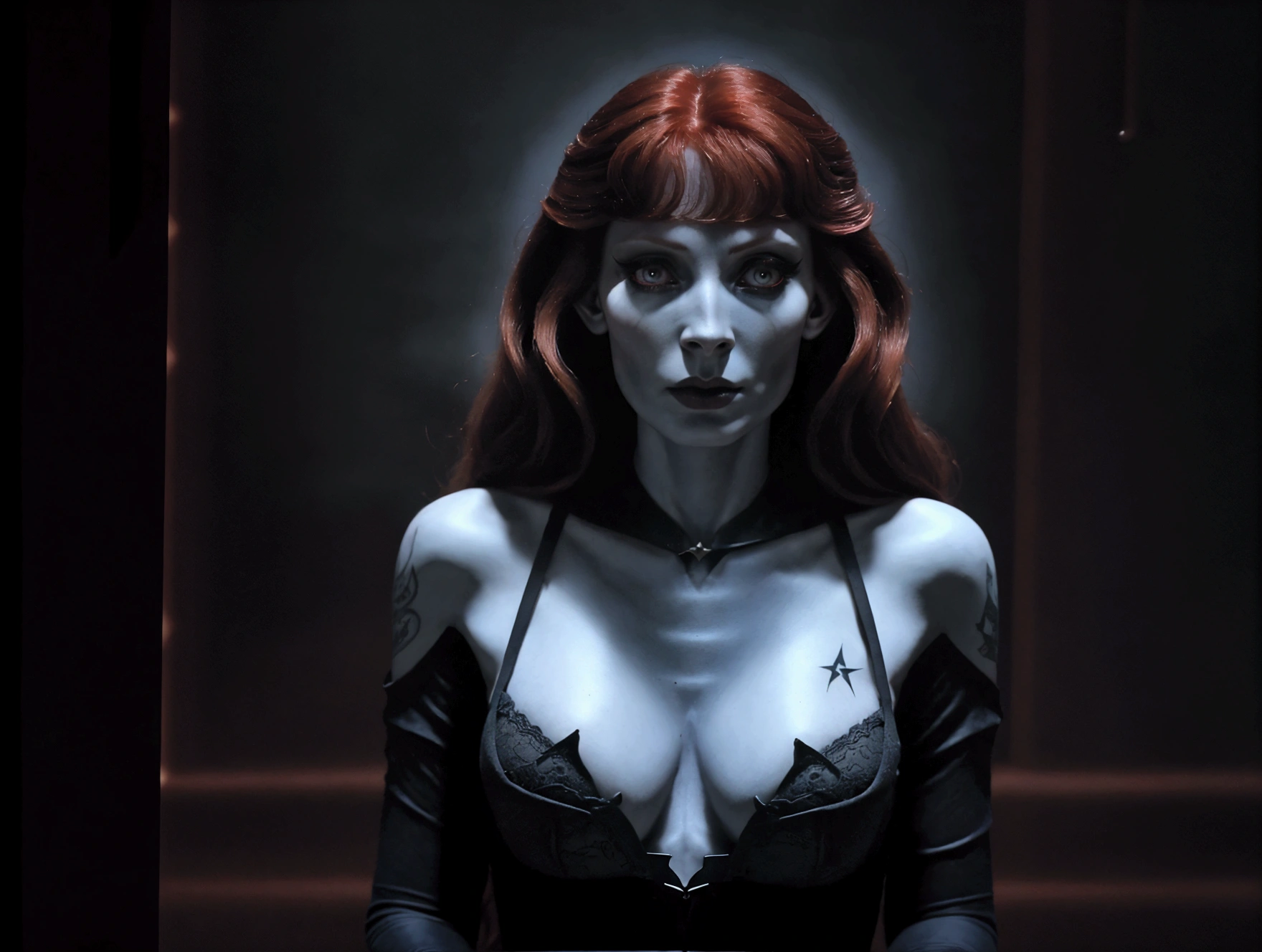 A dark elf (Beverly Crusher, age 30), pale white skin, large pointy ears, blood red eyes, large evil tattoos, sheer black lingerie, posing sultry in her summoning chamber, entire body, (best quality,4k,8k,highres,masterpiece:1.2),ultra-detailed,(realistic,photorealistic,photo-realistic:1.37),dark fantasy, chiaroscuro lighting, moody atmosphere, intricate details, dramatic lighting, cinematic composition