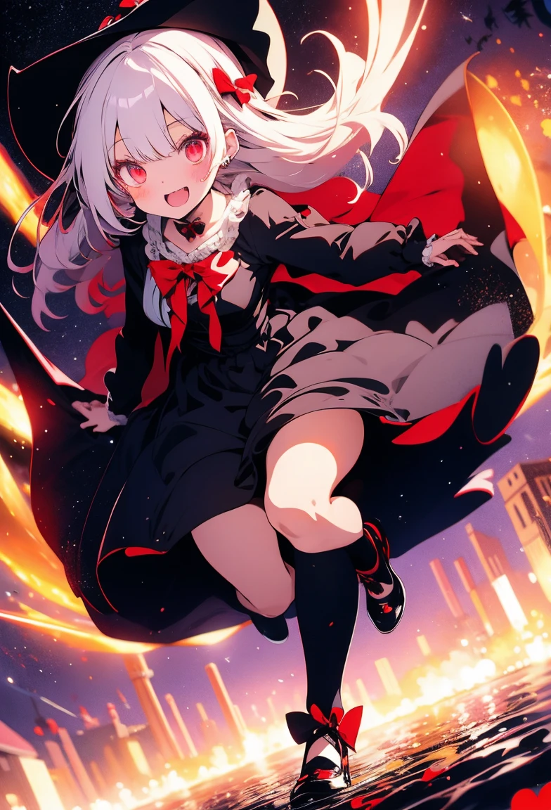 Cute, girly character, Lolita, big red eyes, shine lights, white hair, scary face, vampire, witch, black long dress, black heels, dark gothic castle, striped socks, flying in night sky,