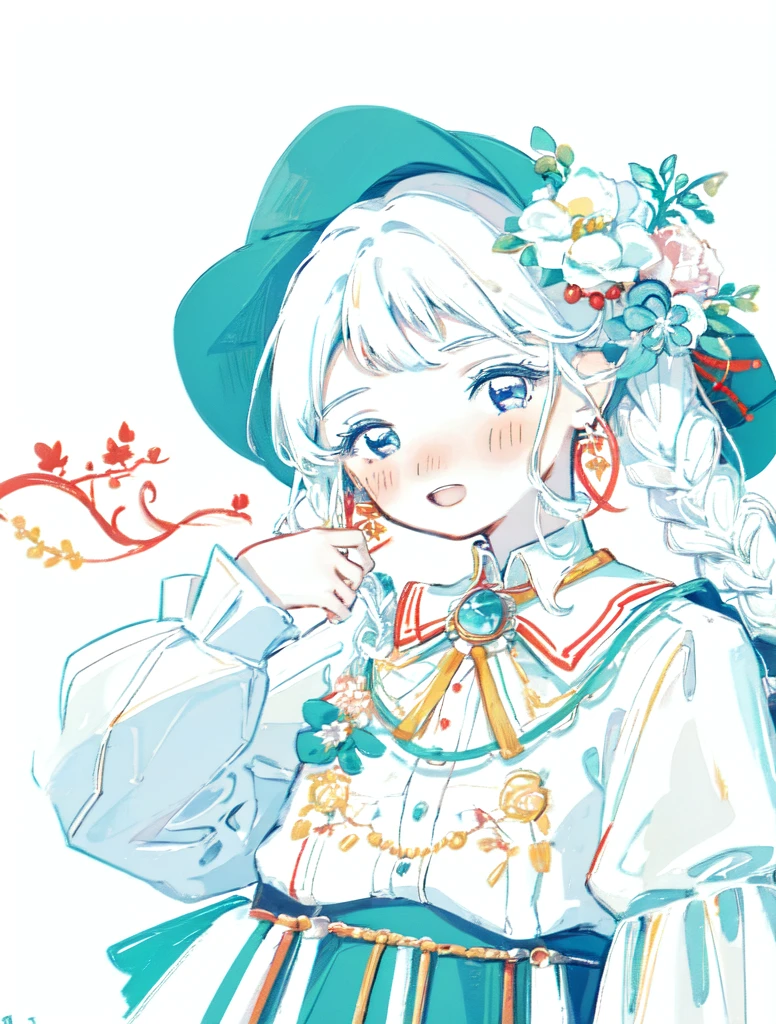 shouhui, 1girl, :d, bangs, blush, braid, floral print, flower, hair flower, hair ornament, long sleeves, looking at viewer, open mouth, simple background, smile, solo, twin braids, upper body, white background, white flower, long hair, blue eyes, skirt, shirt, hat, holding, twintails, jewelry, white shirt, white hair, cowboy shot, earrings, puffy sleeves, collared shirt, artist name, signature, necklace, aqua eyes, leaf, blush stickers, own hands together, plant, red headwear, puffy long sleeves, no nose, limited palette, color guidelimited palette,