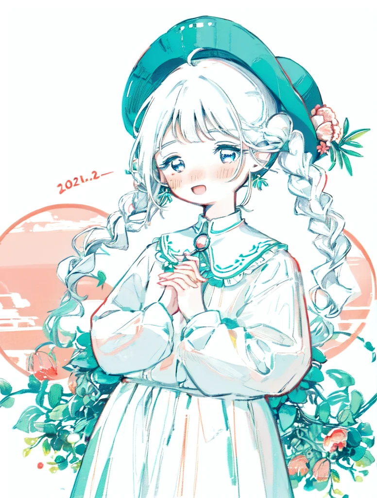 shouhui, 1girl, :d, bangs, blush, braid, floral print, flower, hair flower, hair ornament, long sleeves, looking at viewer, open mouth, simple background, smile, solo, twin braids, upper body, white background, white flower, long hair, blue eyes, skirt, shirt, hat, holding, twintails, jewelry, white shirt, white hair, cowboy shot, earrings, puffy sleeves, collared shirt, artist name, signature, necklace, aqua eyes, leaf, blush stickers, own hands together, plant, red headwear, puffy long sleeves, no nose, limited palette, color guidelimited palette,