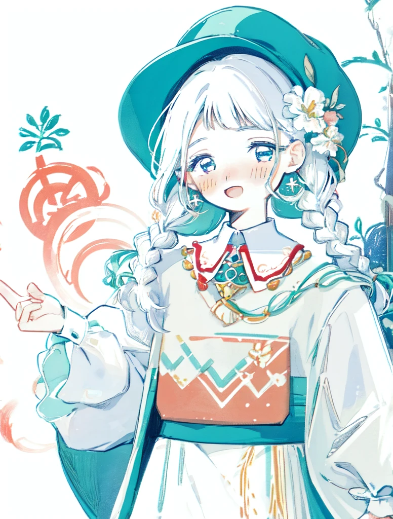 shouhui, 1girl, :d, bangs, blush, braid, floral print, flower, hair flower, hair ornament, long sleeves, looking at viewer, open mouth, simple background, smile, solo, twin braids, upper body, white background, white flower, long hair, blue eyes, skirt, shirt, hat, holding, twintails, jewelry, white shirt, white hair, cowboy shot, earrings, puffy sleeves, collared shirt, artist name, signature, necklace, aqua eyes, leaf, blush stickers, own hands together, plant, red headwear, puffy long sleeves, no nose, limited palette, color guidelimited palette,