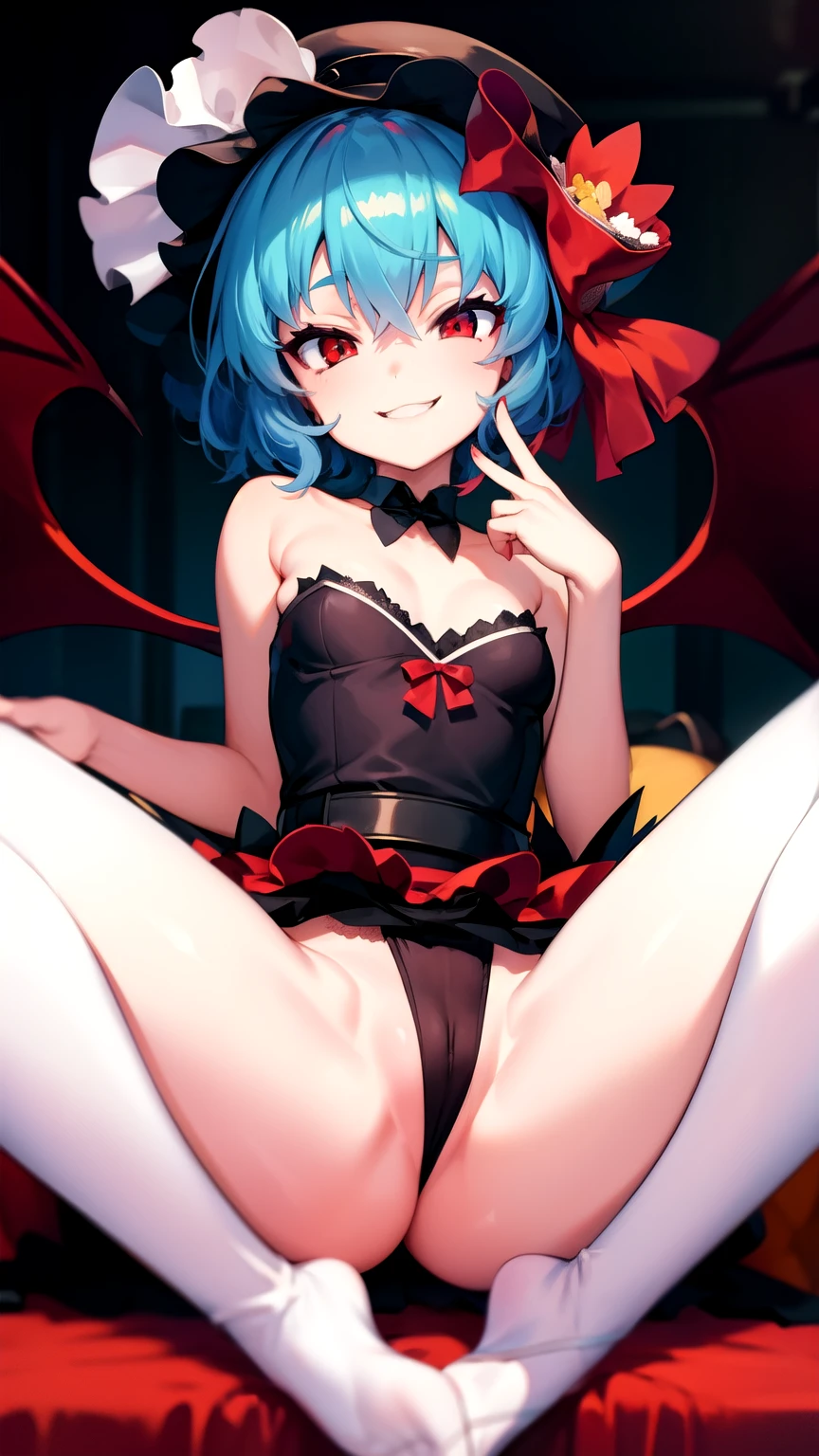 (masterpiece:1.2, highest quality), sealing, sit astride, girl on top, red_eyes, short_hair, bat_wings, wings, ribbon, hat, blue_hair, mob_cap, hair_between_eyes, hat_ribbon, bangs, smile, red_ribbon, with an evil smile, Crab crotch, extensive_feet,