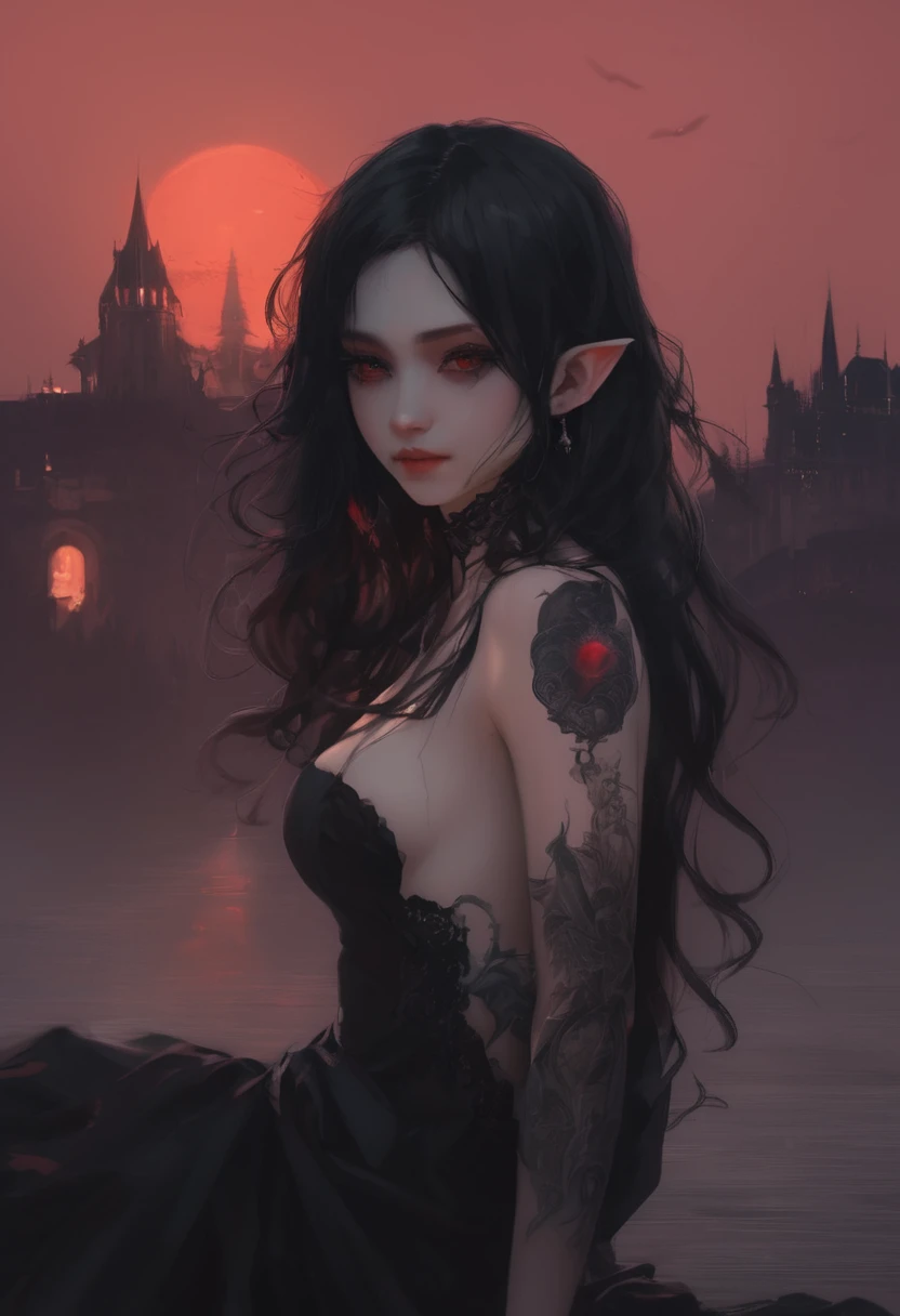 (masterpiece: 1.2, Highest quality),Long black hair, (Best lighting, Very delicate and beautiful), (Best lighting, Very delicate and beautiful), (Beautifully detailed face), (Detailed eyes and detailed face: 1.2), Dark fantasy, (Young girl, Little Beast, One girl, alone, Crazy Smile, Pale skin, ((Large tattoos all over the body)), Gray Hair, Red glowing eyes, Dynamic Angle, vampire), ( Get a vampire castle in the background), (Red Moon, Red Sky), pointed_ear, tooth, Devil's Wings, Devil horns, There was blood on my face., Rain of blood, blood mist, (Depth of written boundary), High Contrast, (Blood splatter: 1.4), Cowboy Shot, whole body,