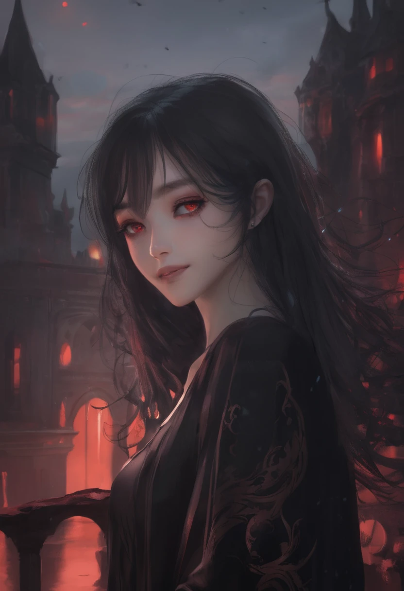 (masterpiece: 1.2, Highest quality),Long black hair, (Best lighting, Very delicate and beautiful), (Best lighting, Very delicate and beautiful), (Beautifully detailed face), (Detailed eyes and detailed face: 1.2), Dark fantasy, (Young girl, Little Beast, One girl, alone, Crazy Smile, Pale skin, ((Large tattoos all over the body)), Gray Hair, Red glowing eyes, Dynamic Angle, vampire), ( Get a vampire castle in the background), (Red Moon, Red Sky), pointed_ear, tooth, Devil&#39;s Wings, Devil horns, There was blood on my face., Rain of blood, blood mist, (Depth of written boundary), High Contrast, (Blood splatter: 1.4), Cowboy Shot, whole body,