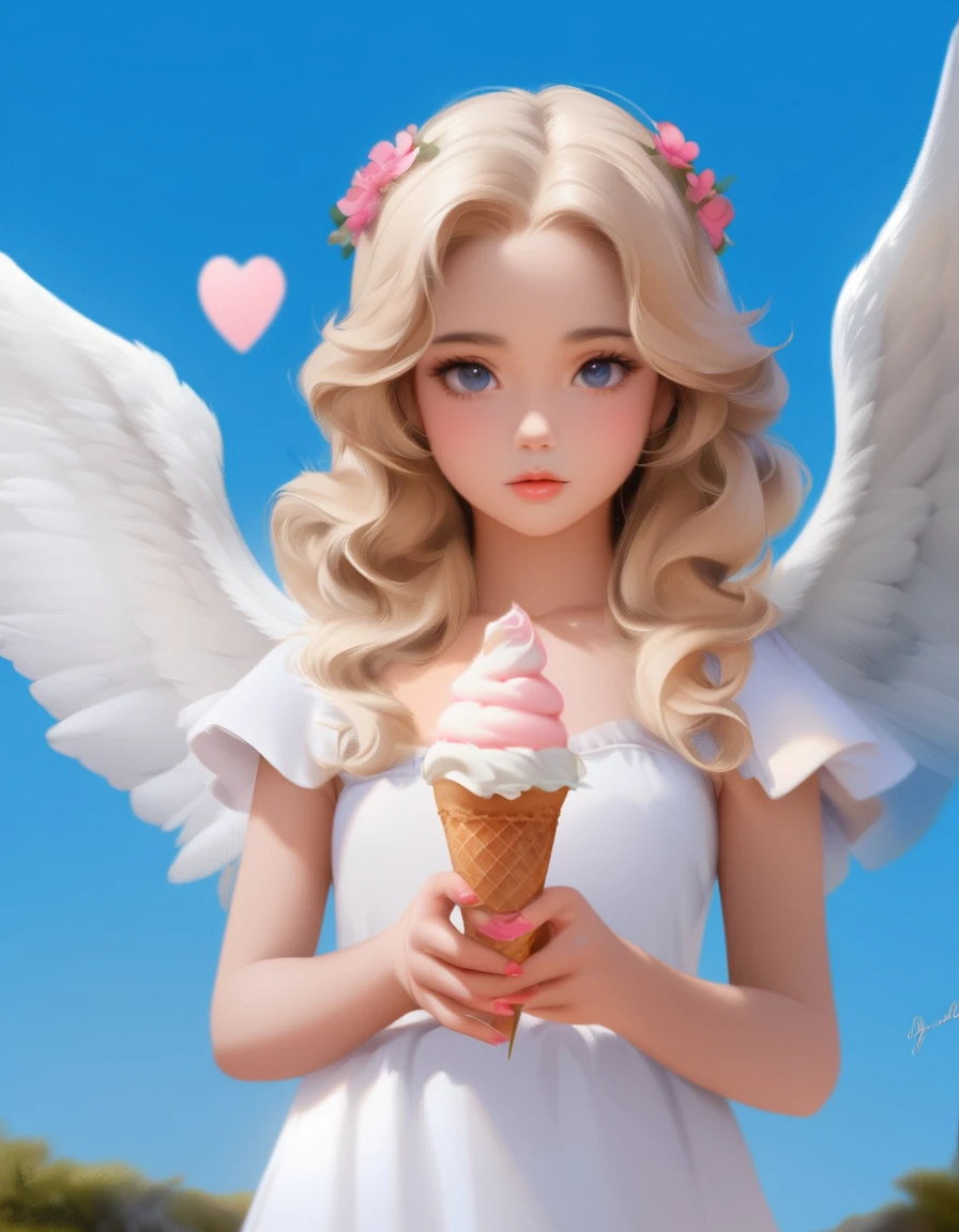 Big breasted angel woman with ice cream cone in hands, of a beautiful, Girl with angel wings, of Beautiful Angel,Angelic purity, portrait of a beautiful angel, Beautiful digital art, Angel Al, Adorable digital painting