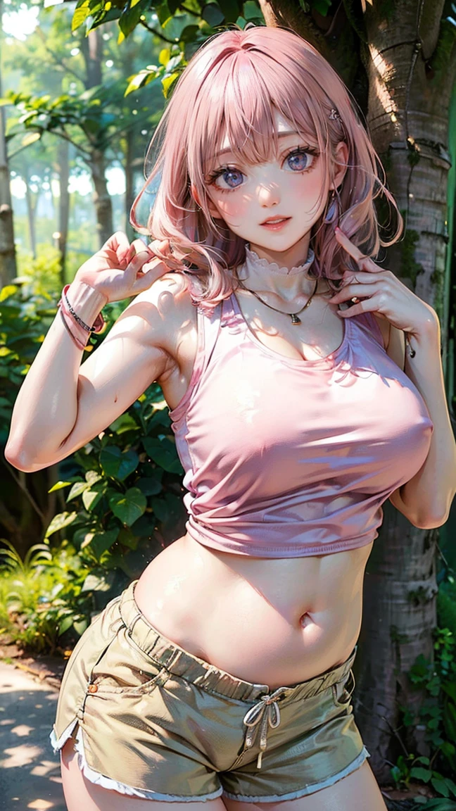 (Masterpiece, BestQuality:1.3), (ultra detailed:1.2), (hyperrealistic:1.3), (RAW photo:1.2), High detail RAW color photo, professional photograph, (Photorealistic:1.4), (realistic:1.4), (Pink Hair:1.5), professional lighting, perfect anatomy, (Big Breasts:1.2), (blush, detailed face), (cheerful Smile:1.5), Trending Hair&Trending Hairカラーをランダムに, earrings, necklace, bracelet, sexly, erotic sexly, Random sexy gravure poses, (White tank top and khaki shorts、The background is the forest、Lifting her tank top a little to show her belly、Leaning against a tree pose。:1.3)