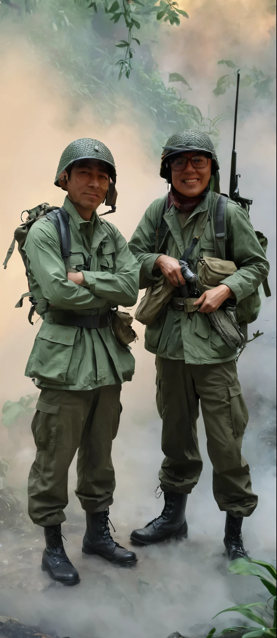 Man wearing steel pot and chinstrap, wear cotton and nylon jacket OG- 107 , OG-107 6-pocket pants, jacket with 4 pockets and button closure, He has black leather jungle boots, rubber sole and laces, The man carries and has Canteen Dressed with Belt, schoolbag, By the way, bayonet,Grenades,ammunition, rifle, dressed as a war soldier, of them intricate, photo taken in the jungle of vietnam, jungle scene,, both dressed in green jackets, real photo, no photo errors, Masterpiece,
