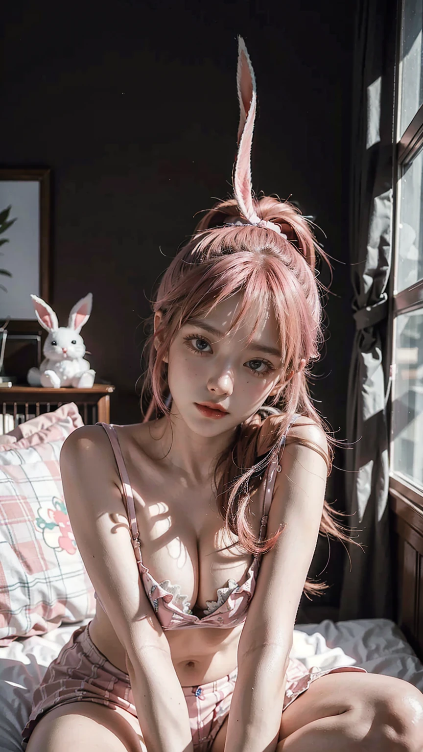 cute and sexy girl, pink hair, a bunny girl, ultra realistic, detailed lighting, anime, having sex