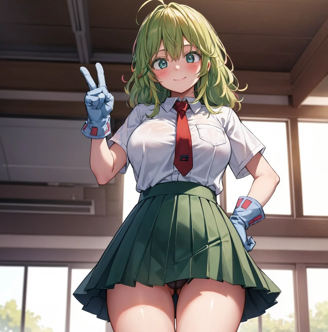 ((1girl)),((alone)),Tooru Hagakure,(masterpiece), (best quality), (ultra detailed), (best illustration), (best shadow), (absurdities), sharp focus, cowboy shot , looking at viewer, big breasts, narrow waist, wide hips, medium thighs, round butt, dynamic stance, green hair, blush, green eyes, messy hair, medium hair, bangs, hair between the eyes, multicolored hair, collared shirt , white shirt, red tie, tight shirt, neckline, short sleeves, gloves, blue gloves, green skirt, short skirt, tight skirt, (socks: 1.2), (black socks: 1.1), loafers seductive smile, closed mouth, (sexy pose: 1.2), alone, standing: 1.3, interior, school, classroom, desks, window, sunset, looking forward, ((focus on thighs)), pov (from below), red blush, perfect anatomy, perfect hands