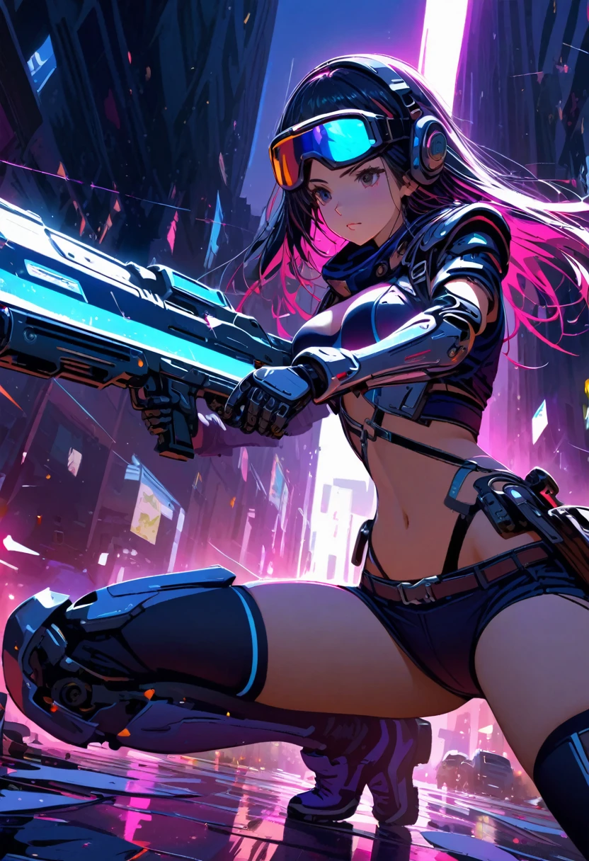 woman,Comic Style,Robotic Arm,Ray Tracing,CG,Neon,goggles,gun
