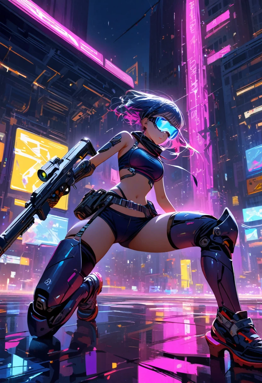 woman,Comic Style,Robotic Arm,Ray Tracing,CG,Neon,goggles,gun