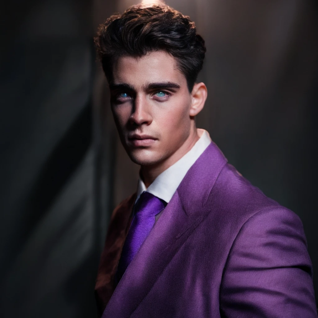 a handsome young man in a school uniform, purple eyes, dark hair, studying seriously, realistic, photorealistic, 8k, best quality, highly detailed, masterpiece, studio lighting, extremely detailed face and eyes, beautifully detailed eyes, intricate details, cinematic film quality, dynamic lighting, dramatic atmosphere, dramatic shadows