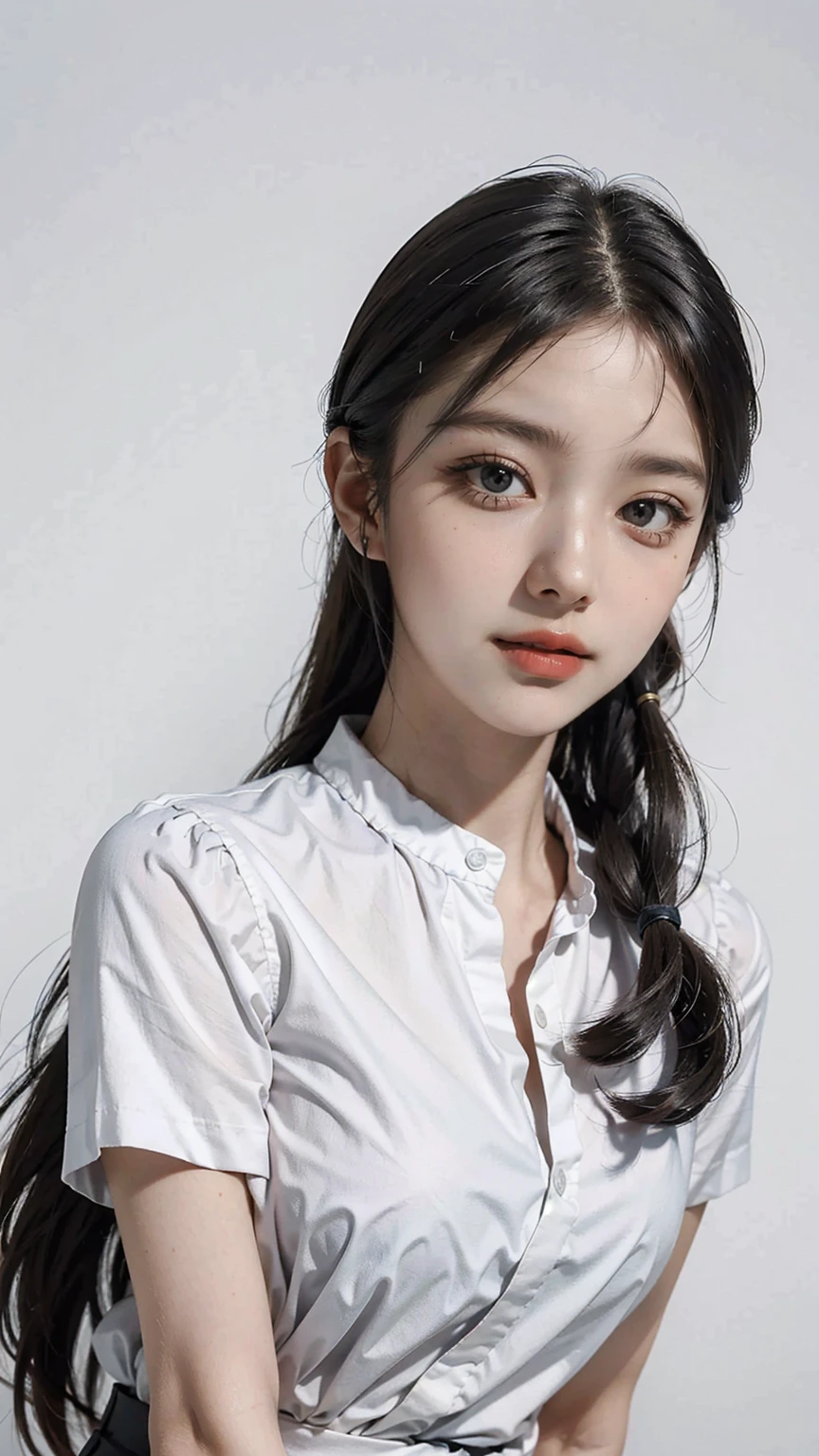 anime,(face),(beautiful detailed eyes), black hair,sliver eyes, masterpiece,looking at viewer, best_quality,white background,masterpiece,white shirt, arms behind back,