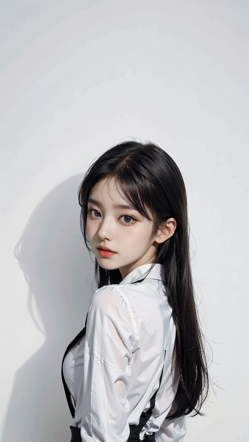 A pale white girl almost like a ghost, with long black curly hair, with the right eye black and the left with the iris white and a horrible scar that goes from the eyebrow to the cheek and a half-blood camp shirt
