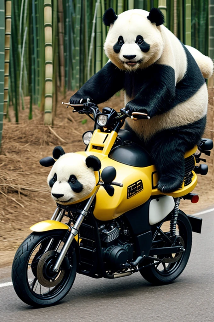 I want a panda that has motorized clothes Riding on a motorcycle made of bamboo