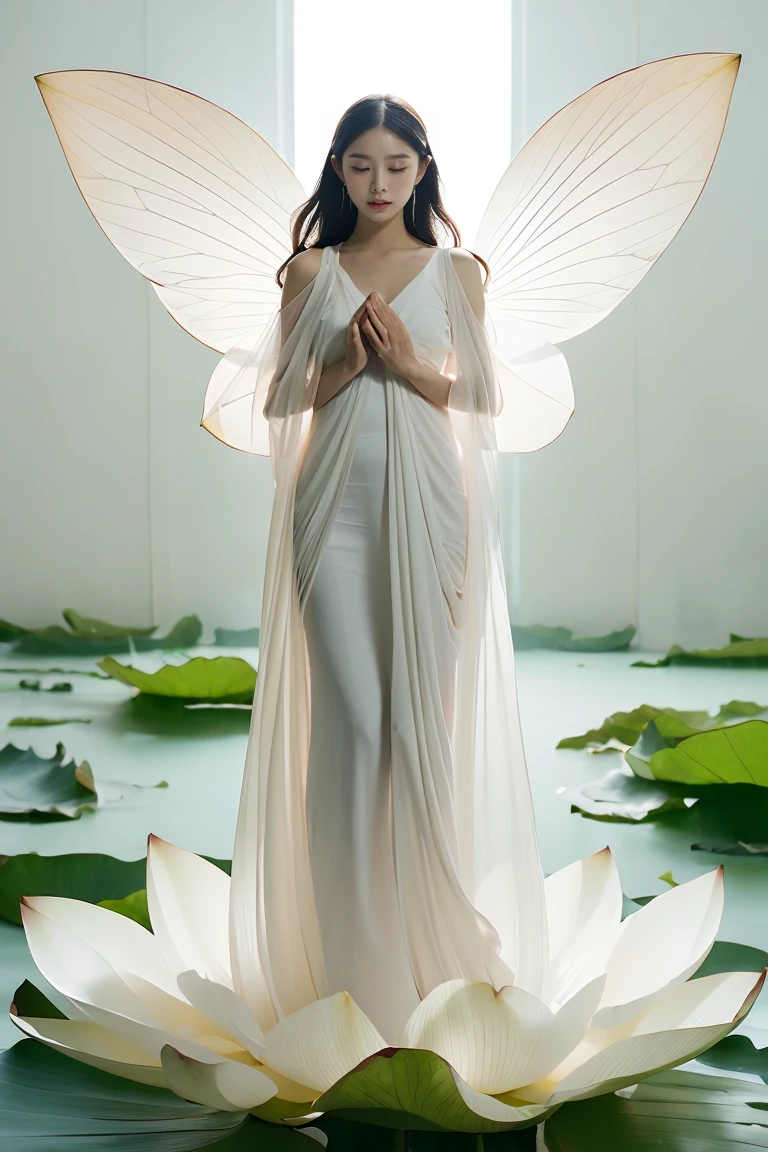 light pink and light white shades,Full body female love,  White background, natural lighting, Light effect, minimalist, elegant, pure tenderness, soft light lighting, realistically. a woman is (clavicle, bshoulder,) placed in a (pray and stand) super giant lotus，The petals are big and long (The petals are thin, soft gauze, Full background of flowing petals, floating petals, super flying petals, Mixed effect of smoke and petals), lotus dress,((perspective)).lotus_leaf_fairy，anatomically correct，((Best quality)), ((Masterpiece)), ((Realistic))