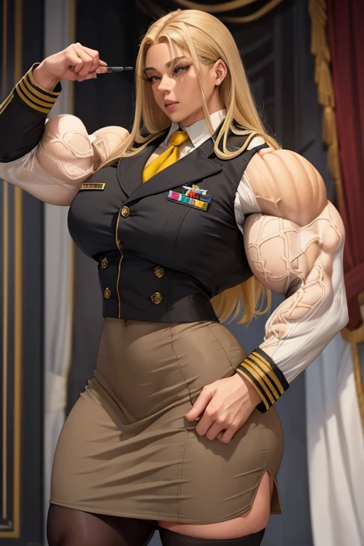 (((Massive, beautiful, buff, light brown skinned muscular woman with yellow hair, gray eyes, black lipstick, ginormous bulky muscles))), ((close view)), ((((long sleeve military overcoat)))), ((long sleeve military overcoat)), necktie, blazer, ((((military officer uniform)))), (((waistcoat))), (((military officer uniform))), (((pencil skirt))), (((pencil skirt))), tie clip, pocket square, cloves, (pantyhose), high heels, (close view), (massive muscles), hyper muscles, long flowing hair, in a military office, massive muscles