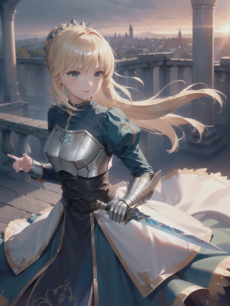 (masterpiece:1.4), (Highest quality:1.4), Realistic, One girl, Artoria Pendragon, armor,, (destiny/Stay Night\), Glowing Sword, High resolution, Cowboy Shot, Outdoor, unity 8k wallpaper, (figure:0.8), (Beautiful attention to detail:1.6), Highly detailed face, Perfect lighting, Highly detailed CG, (3D Face:1.1), (Shiny skin:1.5), (超High resolution intricate face details), (Facial skin pores:1.3), 超High resolution cloth texture, (Canon EOS-1D X Mark III camera for outstanding detail:1.2), (Combined with Canon EF24-70mm f/2.8L II USM Lens:1.2), (He has the great sword Excalibur:1.3), (Spectacular apocalyptic city destruction and desolate ruins), Detailed Background, Incredible detail, RAW Photos, Rich colors, Realistic texture, Dramatic lighting, Unreal Engine, Trending on Art Station, Cinestill 800 Tungsten, (A new dawn on the horizon)