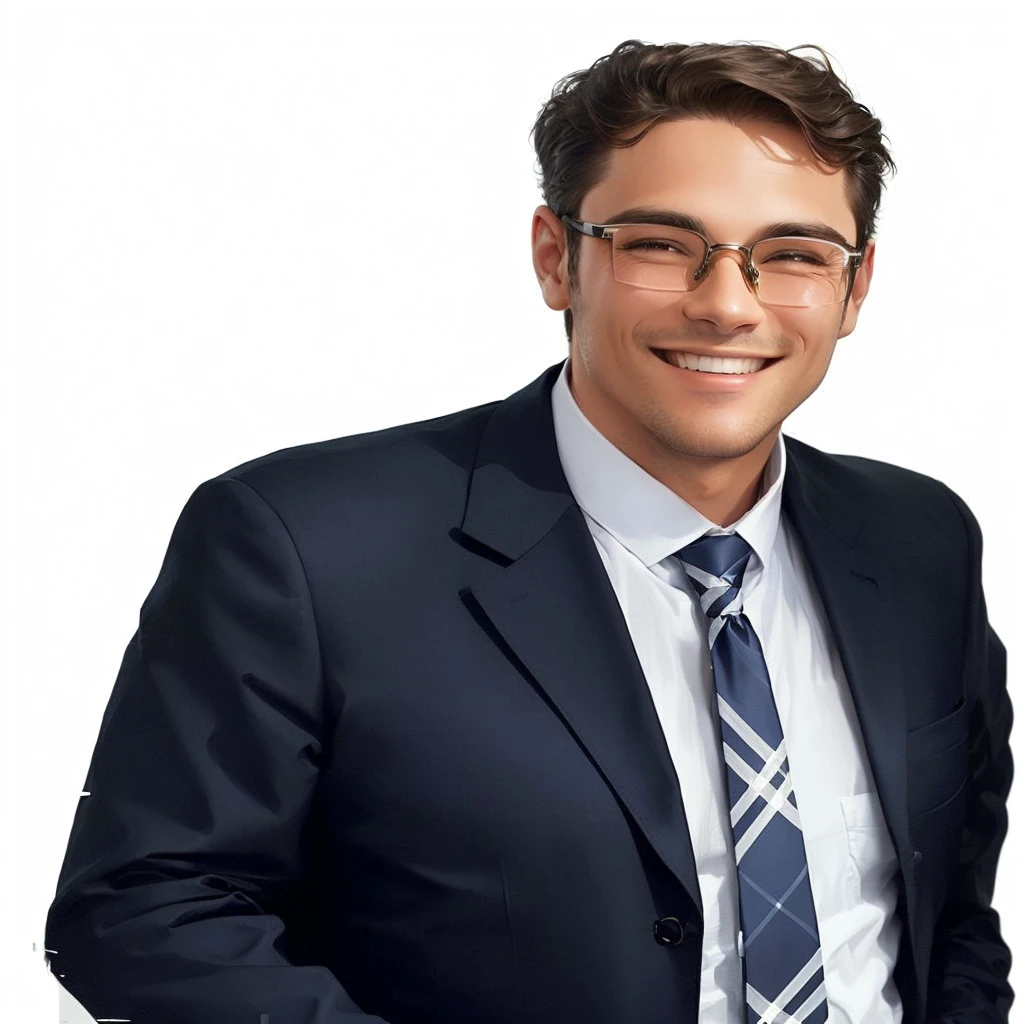 smiling man in a suit and tie in front of a white background, stylish glasses.