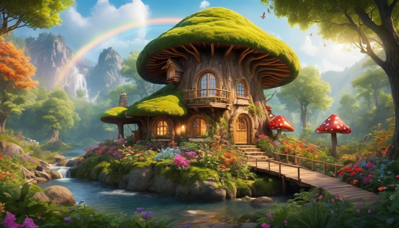 (Mysterious fantasy forest, Dense trees, A strange and cute little tree:1.5), Cabin in the middle of the forest, Vividly depicted in the work (Best quality, 8K, Advanced resolution, Masterpiece:1.2), With ultra-detailed detail (1.4x realism, Photorealistic:1.37). This dream forest is made up of bright colors, bathed in the warm glow of the sun, creating a cheerful and whimsical atmosphere. The cabin is designed with great attention to detail, with a complex design and unique architecture, similar to a mushroom-shaped house. A beautiful waterfall cascades nearby, adding a serene and enchanting element to the scene. (This fantastic forest is surrounded by lush greenery and colorful flowers), elevating a captivating and magical environment. The artwork showcases an illustrative style, inspired by children's book illustrations, ensuring a glamorous and nostalgic touch. The color palette consists of bright rainbow colors, seven colors, evoking feelings of joy and playfulness. Lighting accentuates the picturesque scene, with soft and warm shadows adding depth and warmth to the artwork. Every detail is impeccably presented, creating a visually stunning masterpiece, capturing the essence of the fantasy forest.