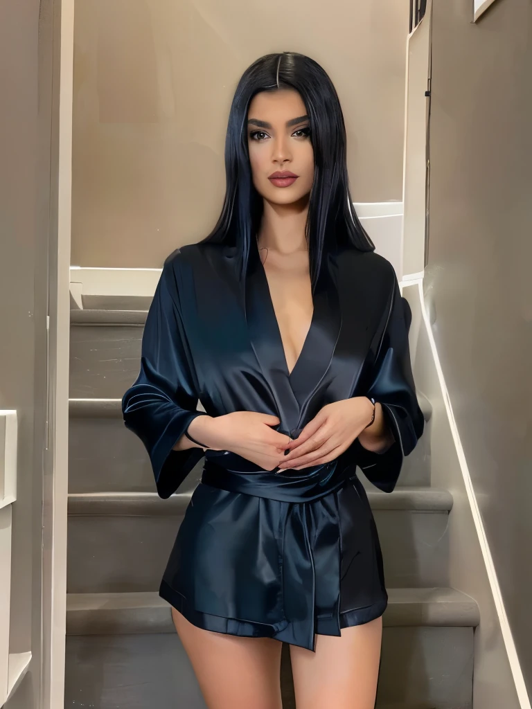 arafed woman in a black coat standing on a staircase, wearing a black silk robe, wearing black silk law, wearing dark silk robe, in law, wearing a luxurious silk robe, deep black coat, dressed in a robe, thin black coat, In a silk robe, sexy look, law, black coat, wearing black coat, sleek law, silk law
