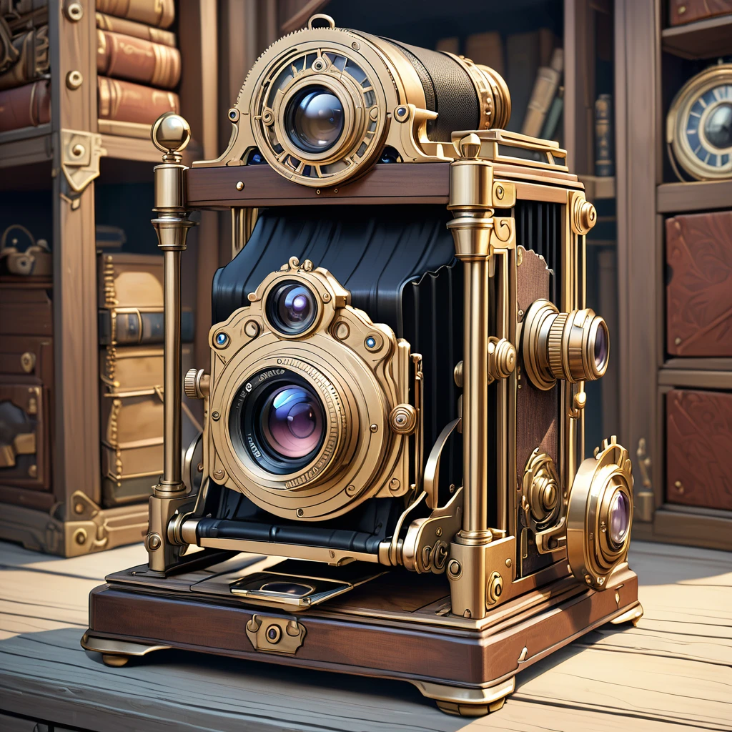 A magical artifact with a bright stone in the form of a 19th century camera. steampunk style