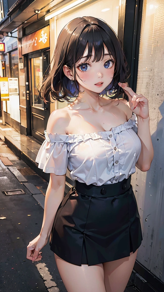 (masterpiece, best quality:1.3), (very detailed:1.2), (raw photo:1.2), RAW color photos with high detail, professional photography, professional lighting, complete anatomy, (big bust:1.2), (detailed face, detailed eyes), (happy smile:1.7), sexy, erotic sexy, Random sexy gravure pose, short off shoulder, short skirt, walking down the street, chest highlighting pose, Hands behind your back, 