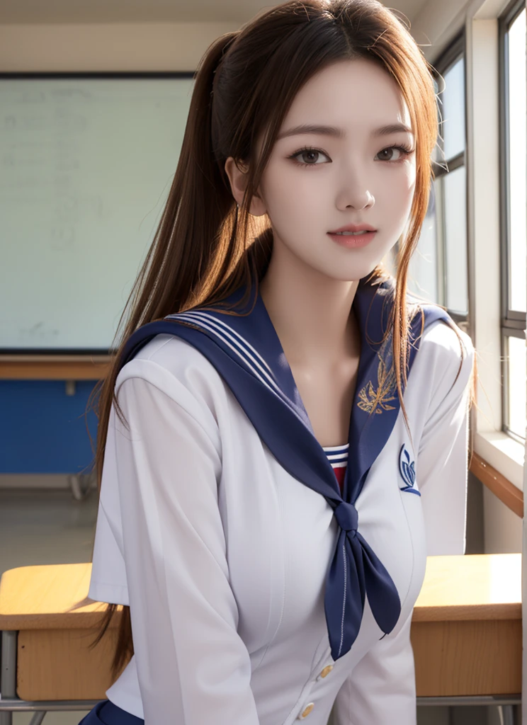 (8K,Realistic, Tabletop, Highest quality, RAW Photos:1.3)、One Girl, 18-year-old,alone,high school girl, Long Hair, Brown Hair, Beautiful face in every detail, Attractive face, (Beautiful brown eyes in every detail:1.2), The valley is visible、Medium chest,(Underbust:1.0),(Covered nipples:0.99),(Loose Sailor Uniform :1.35), ( Slim beauty with perfect body: 1.4),( Seductive Pose:1.3), (View your viewers, Front view,Eyes focus:1.2), Detailed Background, (sunset:1.2), classroom,Fine details, Intricate details, Ray Tracing, Depth of written boundary, Captivating smile,classroom,