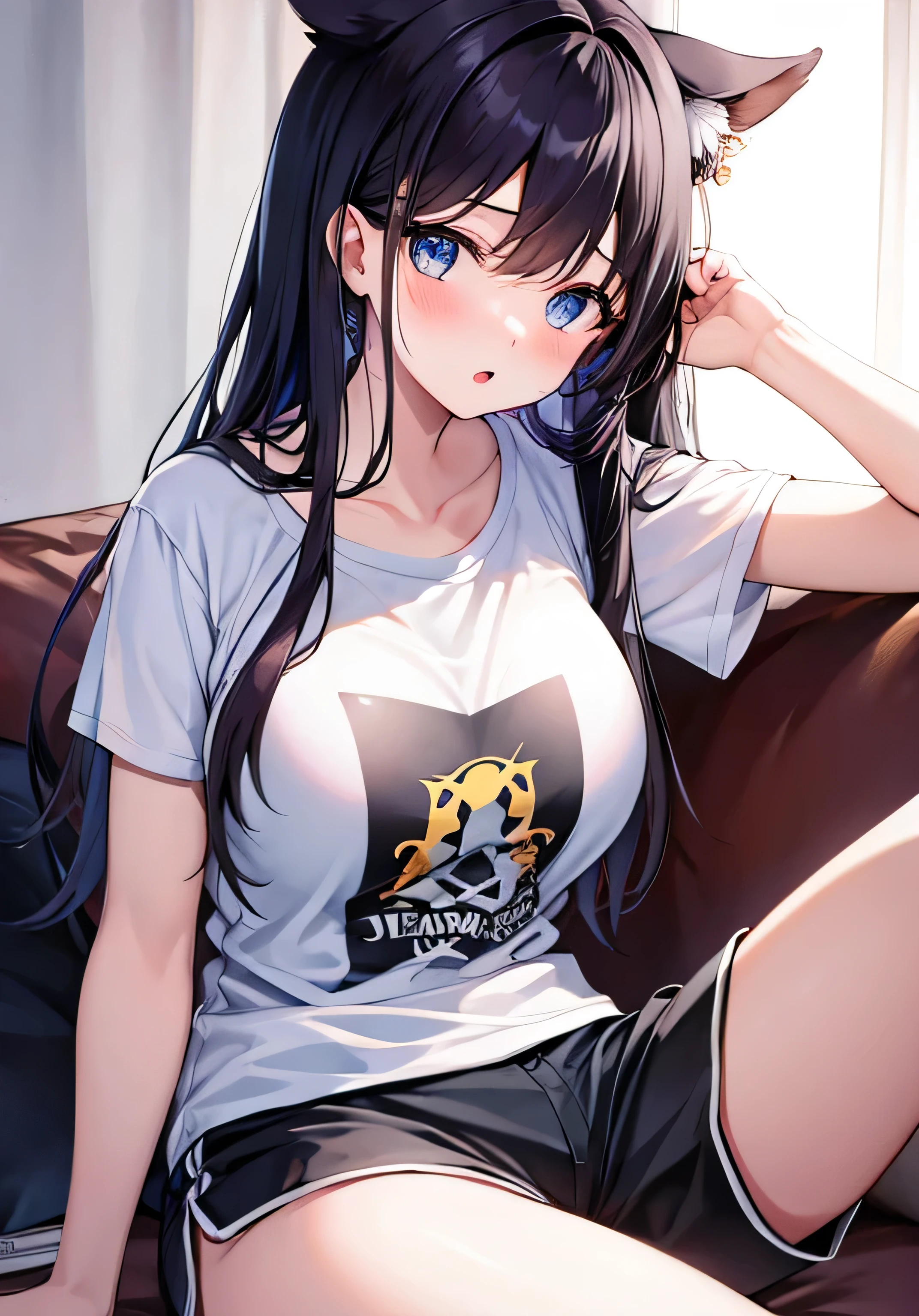 masterpiece、Highest quality、Ultra-high resolution、 girl with big breasts、twin tail hairstyle、black hair、Red face、shyly、open your mouth just a little、white T-shirt、loungewear shorts、inside lounge room、sitting on the sofa、at night time