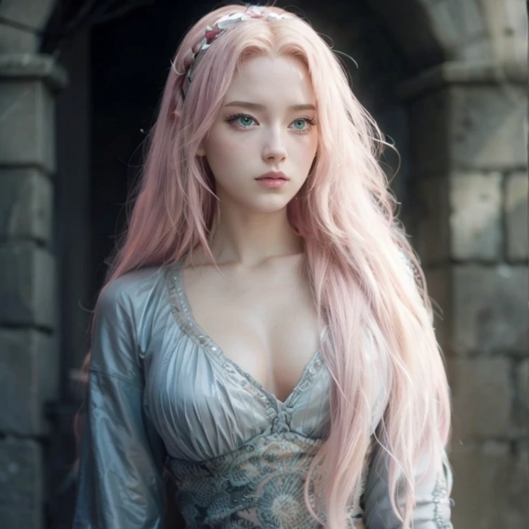 young woman, long pink hair, wide forehead, porcelain skin, pink eyebrows, big emerald green eyes, buttoned nose, thick lips, heart-shaped face, slender body, small breasts, pink leather dress, Sakura Haruno, realistic, realism black details 3d
