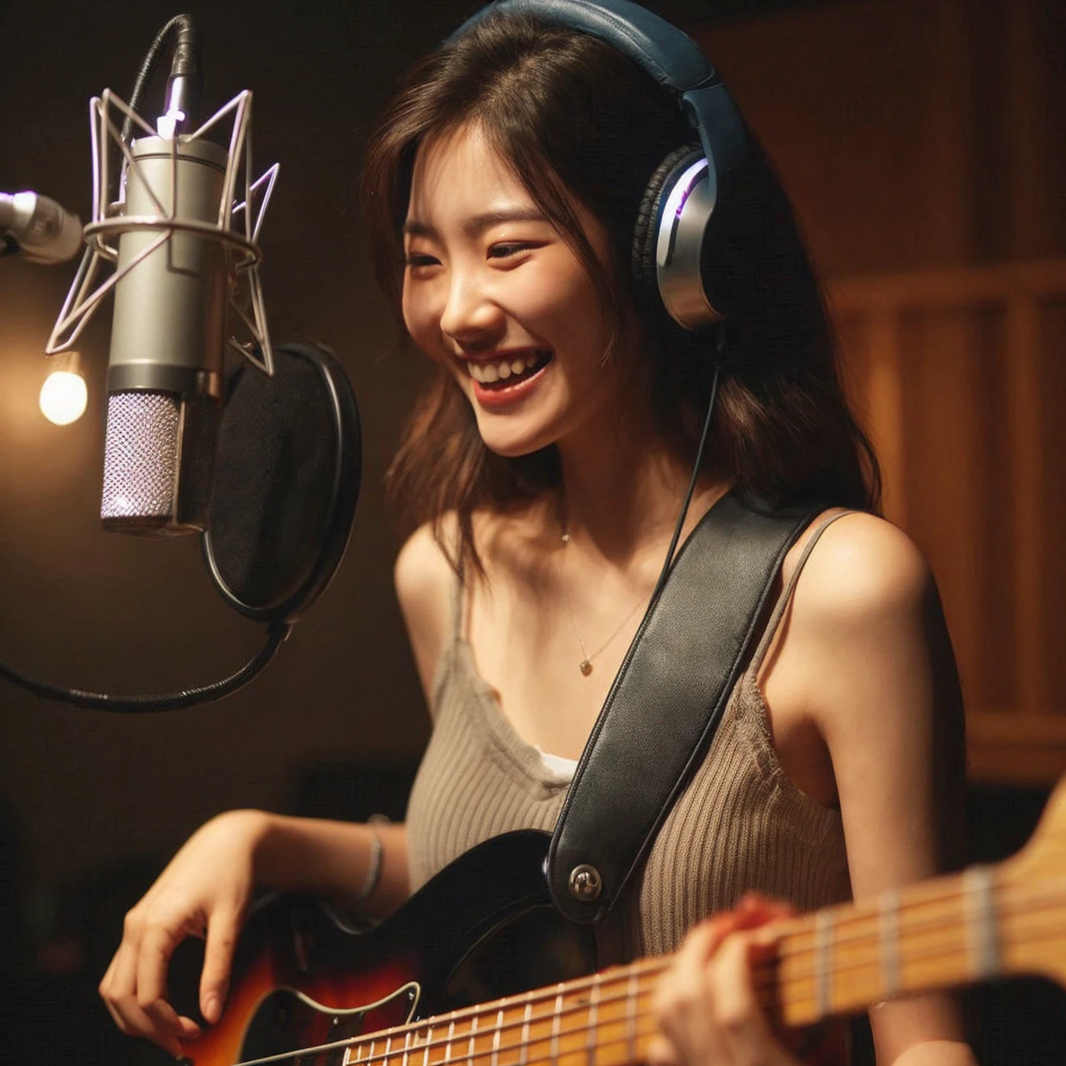 a young korean woman playing electric guitar bass in a recording studio. She is wearing large headphones. she has a joyful expression on her face, medium chest, fully immersed in the music. conveying the emotion and intensity of her performance. The background is dimly lit, focusing the attention on her and the microphone. Describe the atmosphere, the emotions