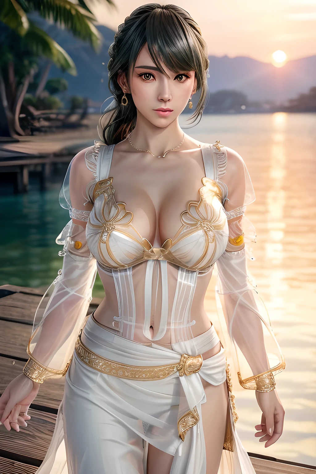 1girl,Tamaki,At sunset, the warm sunlight adds a golden hue to the scene. Wearing a flowing (white dress with transparent sleeves and a cinched waist: 1.4), blown by the breeze, and wearing earrings, she stands on the dock and looks at the sunset in the distance. The water is calm, with soft ripples, and the outline of the distant coastline can be vaguely seen in the background.(fashionable_Tattoos),(huge breasts),collarbone, cleavage,updo,Detailed Hair,(Tattoos),(masterpiece:1.5),( best quality:1.4), ultra-detailed,(((realisetic))),8K,{ (photorealistic:1.37),movie soft light,