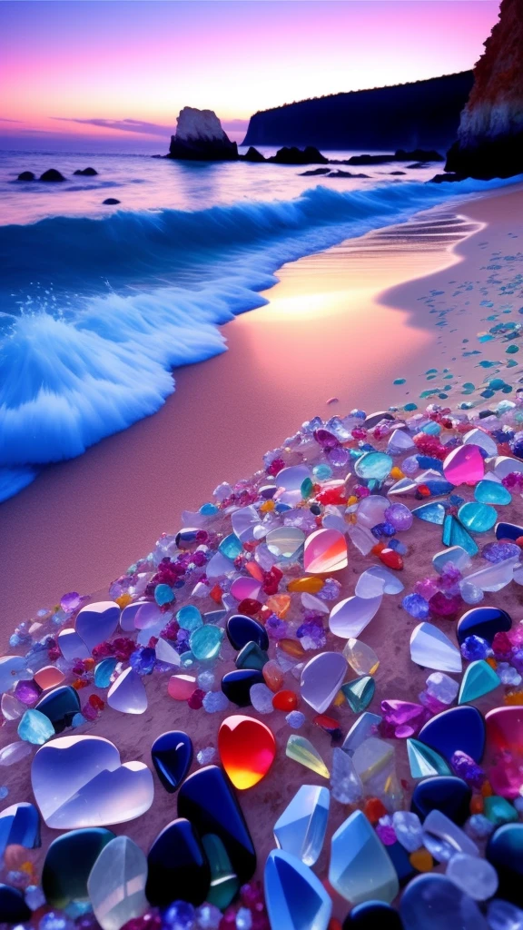 dazzle, (beautiful vibrant colors, crystal clear water, colorful gemstones, stunning beach, mesmerizing nature, breathtaking bay, beautiful artwork, Filled in beach, amazing colors, detailed sea, rainbow crystals), heart